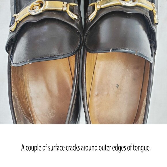 Vintage Gucci Men\'s Dark Brown Leather Loafers Shoes with Gold GG Buckle 42.5